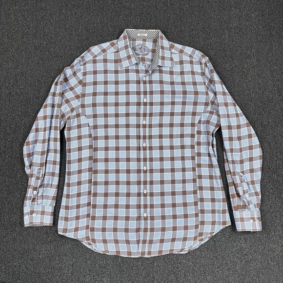 Bugatchi Shirt Mens Brown Blue Shaped Fit Super Fine Cotton Button Size 2XL XXL - Picture 1 of 7